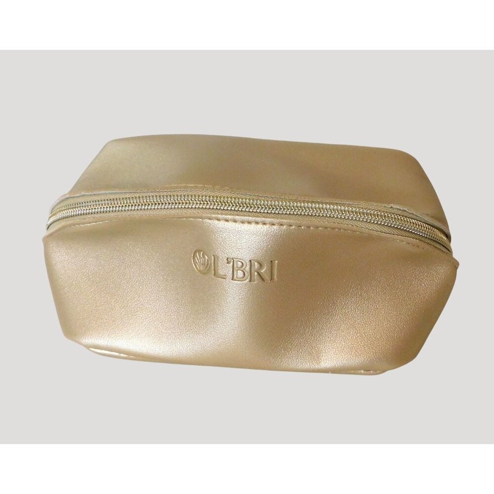 LBri Gold Cosmetic Bag Faux Leather Zipper 4x4x7.5 Compact Makeup Travel